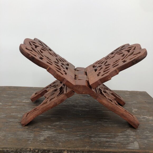 Vintage Teak Wood Book Stand Holder Hand Carved Kitchen Stand Fall Floral Leaf - Picture 5 of 10